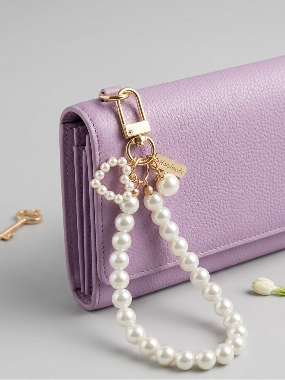 Faux Pearl Wristlet Keychain | Heart Charm Gold Clasp Bag Charm